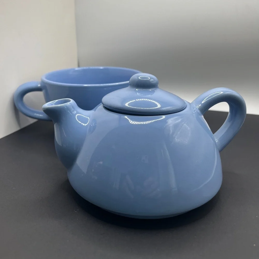 Pier 1 Blue Ceramic Stoneware Tea For One Stackable Teapot Excellent Condition
